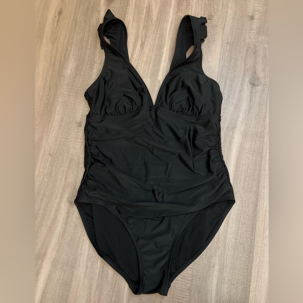 Kona Sol women’s black one piece swimsuit ruffle plunge V neck L large